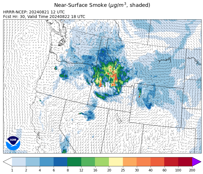 By midday Thursday, the HRRR smoke model shows smoke moving into Southwest Montana from fires burning in the mountains of Central Idaho.